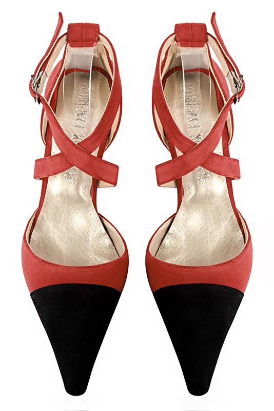 Matt black and scarlet red women's open side shoes, with crossed straps. Pointed toe. Medium spool heels. Top view - Florence KOOIJMAN
